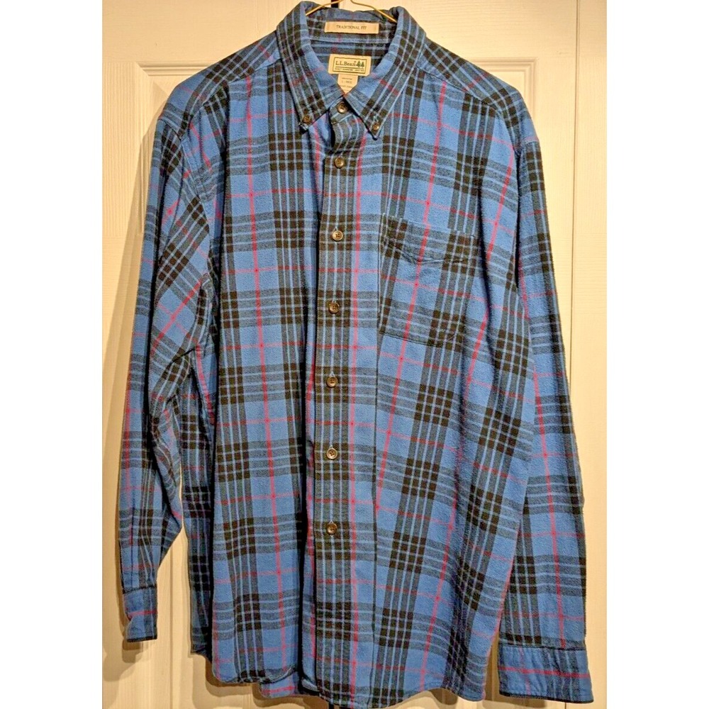 VTG LL Bean Men Traditional Fit Plaid Blue/Red Holiday Flannel Shirt Sz L Cotton - Picture 2 of 16